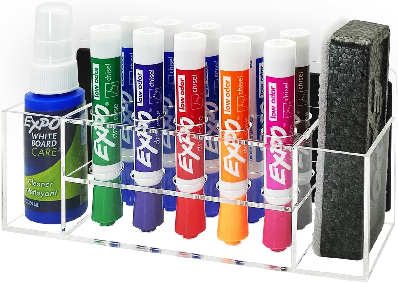 Acrylic Magnetic Dry Erase Marker Holder, 10 Slots Clear Magnetic Marker Holder, Whiteboard Marker Holder, Magnetic Pen Holder for Office, School, Home, Marker,Eraser,Cleaner Not Included